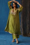 Begum_Green Phiran Habutai Silk Embroidery Nakshi V Shikanji Resham Yoke And Pant Set _Online_at_Aza_Fashions