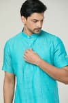 Shop_Arihant Rai Sinha_Blue Linen Half Sleeve Kurta _Online_at_Aza_Fashions
