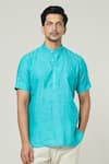 Arihant Rai Sinha_Blue Linen Half Sleeve Kurta _at_Aza_Fashions