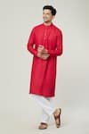 Buy_Arihant Rai Sinha_Red Linen Plain Mandarin Collar Straight Kurta _at_Aza_Fashions