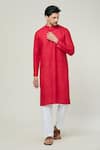 Buy_Arihant Rai Sinha_Red Linen Plain Mandarin Collar Straight Kurta _Online_at_Aza_Fashions