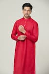 Shop_Arihant Rai Sinha_Red Linen Plain Mandarin Collar Straight Kurta _Online_at_Aza_Fashions