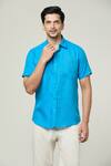 Buy_Aryavir Malhotra_Blue Linen Plain Half Sleeves Collared Shirt _Online_at_Aza_Fashions