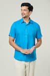 Shop_Aryavir Malhotra_Blue Linen Plain Half Sleeves Collared Shirt _Online_at_Aza_Fashions