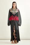 Shop_Anamika Khanna_Black Embroidered Floral Closed Round Neck Tassel Cape And Draped Skirt Set _Online_at_Aza_Fashions