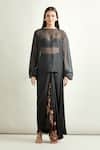 Buy_Anamika Khanna_Black Embroidered Floral Closed Round Neck Tassel Cape And Draped Skirt Set 