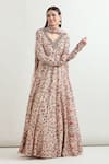 Shop_Ridhima Bhasin_Beige Chanderi Printed Floral Plunged V Mehvish Anarkali With Dupatta _Online_at_Aza_Fashions