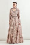 Ridhima Bhasin_Beige Chanderi Printed Floral Plunged V Mehvish Anarkali With Dupatta _at_Aza_Fashions