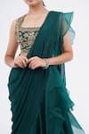 Buy_Ridhi Mehra_Emerald Green Chiffon Embroidered Floral Pre-draped Frill Saree With Blouse _Online_at_Aza_Fashions