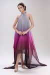 Buy_Amit Aggarwal_Purple Satin Embellished Metallic Band Collar Pleated Ombre Handkerchief Dress _at_Aza_Fashions