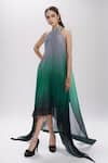 Buy_Amit Aggarwal_Emerald Green Embellished Metallic Band Collar Pleated Ombre Handkerchief Dress _at_Aza_Fashions