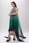 Amit Aggarwal_Emerald Green Embellished Metallic Band Collar Pleated Ombre Handkerchief Dress _Online_at_Aza_Fashions