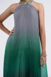 Amit Aggarwal_Emerald Green Embellished Metallic Band Collar Pleated Ombre Handkerchief Dress _at_Aza_Fashions