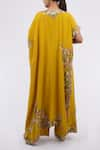 Shop_Anamika Khanna_Yellow Embroidery Floral Boat Kaftan And Pant Set _at_Aza_Fashions