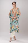 Debyani + Co_Blue Embroidered Floral V Neck Print Kaftan Kurta With Salwar _Online_at_Aza_Fashions