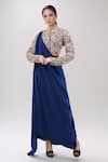 Buy_Anamika Khanna_Blue Embroidered Round Blouse With Draped Skirt Set _at_Aza_Fashions