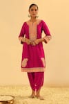 Buy_Sheetal Batra_Pink Kurta Silk Chanderi Embroidered Kundan Notched Anjum And Dhoti Pant Set _at_Aza_Fashions