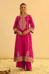 Sheetal Batra_Pink Kurta And Palazzo Silk Chanderi Embroidered Kundan Notched Mayra Long Set _at_Aza_Fashions