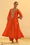 Buy_Sheetal Batra_Orange Kurta Silk Chanderi Embroidered Kundan V Neck Alima A-line And Salwar Set _at_Aza_Fashions