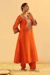 Shop_Sheetal Batra_Orange Kurta Silk Chanderi Embroidered Kundan V Neck Alima A-line And Salwar Set _Online_at_Aza_Fashions