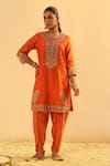 Buy_Sheetal Batra_Orange Kurta Silk Chanderi Embroidered Kundan Round Anjum And Dhoti Pant Set _at_Aza_Fashions