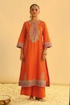 Shop_Sheetal Batra_Orange Kurta And Palazzo Silk Chanderi Embroidered Kundan Round Mayra Set _Online_at_Aza_Fashions