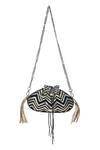 Shop_Kaeros_Black Leather Applique Geometric Chevron Potli Bag_at_Aza_Fashions