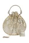 Buy_Kaeros_Gold Leather Applique Square Arcus Potli Bag_at_Aza_Fashions