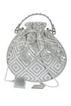 Shop_Kaeros_Silver Leather Applique Geometric Square Arcus Potli Bag _at_Aza_Fashions