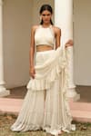 AMRTA by GUNEET KONDAL_Ivory Blouse Shell- 90% Viscose Georgette Ruched With Tiered Sharara Saree _Online_at_Aza_Fashions