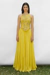 Buy_AMRTA by GUNEET KONDAL_Yellow Blouse Shell- 100% Silk Hand Embroidered Floral Round Lehenga With _at_Aza_Fashions