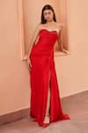 Buy_AMRTA by GUNEET KONDAL_Red Shell- 100% Satin Embroidered Crystals Sweetheart Draped Slit Gown _at_Aza_Fashions