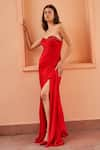 AMRTA by GUNEET KONDAL_Red Shell- 100% Satin Embroidered Crystals Sweetheart Draped Slit Gown _Online_at_Aza_Fashions