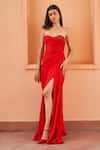 Buy_AMRTA by GUNEET KONDAL_Red Shell- 100% Satin Embroidered Crystals Sweetheart Draped Slit Gown _Online_at_Aza_Fashions