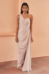 AMRTA by GUNEET KONDAL_Pink Shell- 100% Chinon Embroidered Pearls Asymmetric Draped Slit Gown _Online_at_Aza_Fashions