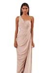 Buy_AMRTA by GUNEET KONDAL_Pink Shell- 100% Chinon Embroidered Pearls Asymmetric Draped Slit Gown _Online_at_Aza_Fashions