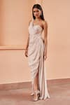 Shop_AMRTA by GUNEET KONDAL_Pink Shell- 100% Chinon Embroidered Pearls Asymmetric Draped Slit Gown _Online_at_Aza_Fashions