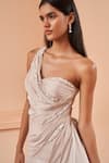 AMRTA by GUNEET KONDAL_Pink Shell- 100% Chinon Embroidered Pearls Asymmetric Draped Slit Gown _at_Aza_Fashions