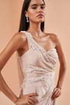 Buy_AMRTA by GUNEET KONDAL_Pink Shell- 100% Chinon Embroidered Pearls Asymmetric Draped Slit Gown 