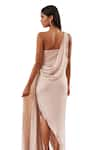 Shop_AMRTA by GUNEET KONDAL_Pink Shell- 100% Chinon Embroidered Pearls Asymmetric Draped Slit Gown 