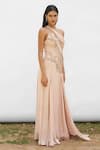 Buy_AMRTA by GUNEET KONDAL_Peach Shell- 100% Chinon Embroidered Vines Asymmetric Draped Gown _at_Aza_Fashions