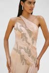 Buy_AMRTA by GUNEET KONDAL_Peach Shell- 100% Chinon Embroidered Vines Asymmetric Draped Gown _Online_at_Aza_Fashions