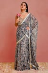 Buy_Bannhi_Beige Georgette Printed Pearl Plunge Floral Pre-draped Saree With Blouse _at_Aza_Fashions