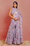 Buy_Bannhi_Grey Chiffon Printed Floral High Sharara Pre-draped Saree With Blouse _at_Aza_Fashions