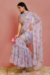 Shop_Bannhi_Grey Chiffon Printed Floral High Sharara Pre-draped Saree With Blouse _at_Aza_Fashions