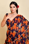 Shop_Bannhi_Blue Chiffon Printed Floral Plunge Pattern Pre-draped Saree With Blouse _Online_at_Aza_Fashions