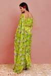 Bannhi_Green Georgette Printed Floral Off Shoulder Pre-draped Pant Saree With Blouse _Online_at_Aza_Fashions