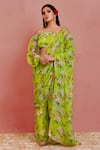 Buy_Bannhi_Green Georgette Printed Floral Off Shoulder Pre-draped Pant Saree With Blouse _Online_at_Aza_Fashions