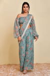 Buy_Bannhi_Blue Georgette Printed Floral Off Pattern Pre-draped Pant Saree With Blouse _at_Aza_Fashions