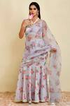 Buy_Bannhi_Grey Chanderi Printed Floral Leaf Lace Detailed Hem Pre-draped Saree With Blouse _at_Aza_Fashions